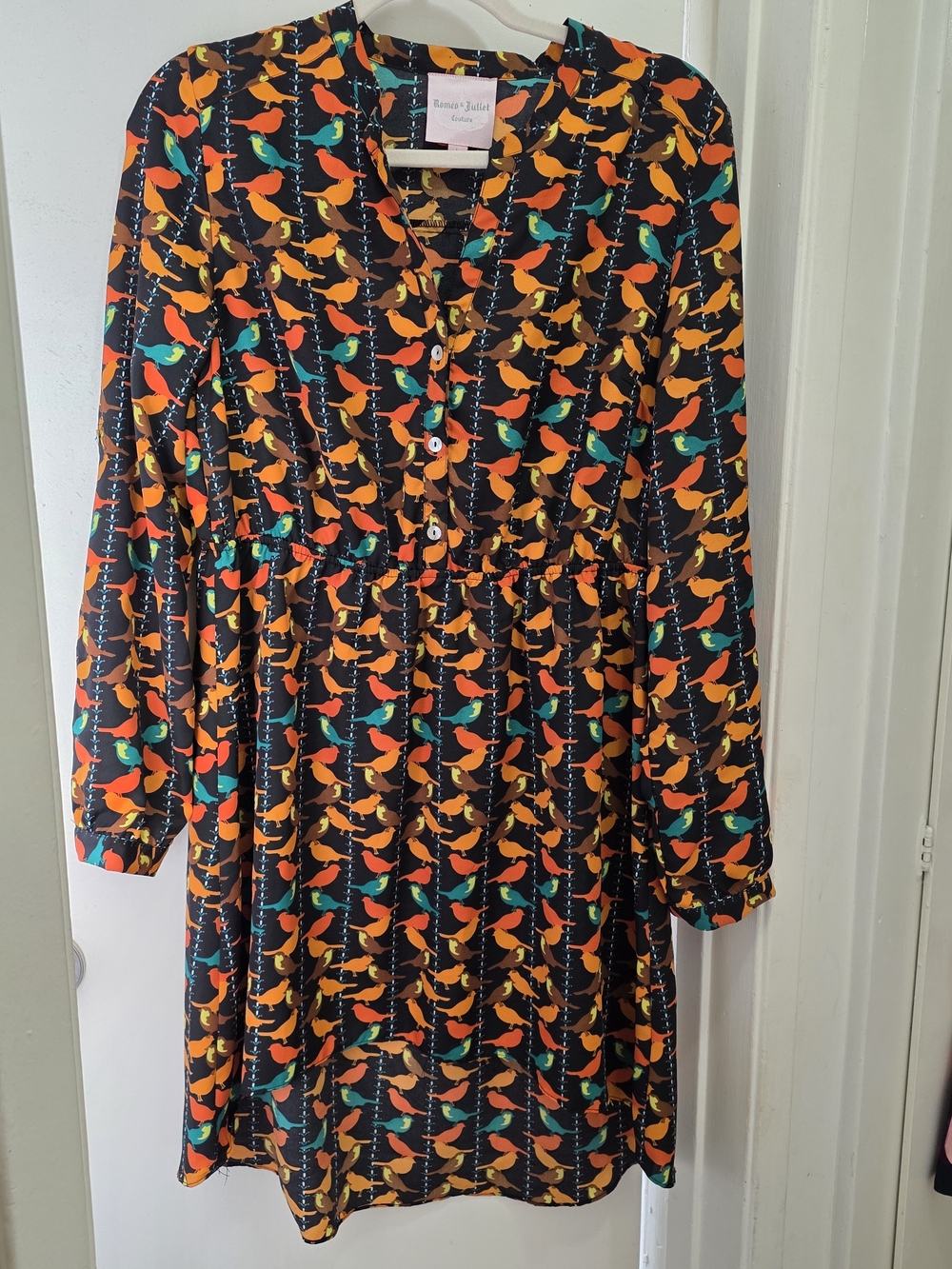 Women's Long-Sleeve Bird Print Dress - Black with Orange & Teal